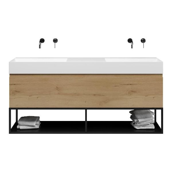 Bellanti Solo/Tela/Azzurra badmeubel 160x46 2 softclose laden eiken natuur greeploos keramiek dubbele wastafel mat wit zonder kraangaten met mat zwart metalen frame