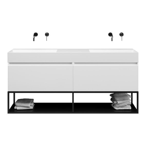 Bellanti Solo/Tela/Azzurra badmeubel 160x46 2 softclose laden hoogglans wit greeploos keramiek dubbele wastafel mat wit zonder kraangaten met mat zwart metalen frame
