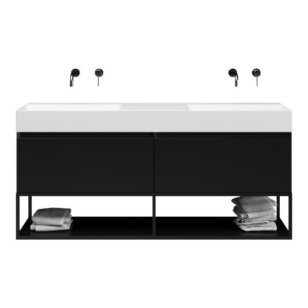 Bellanti Solo/Tela/Azzurra badmeubel 160x46 2 softclose laden mat zwart greeploos keramiek dubbele wastafel mat wit zonder kraangaten met mat zwart metalen frame