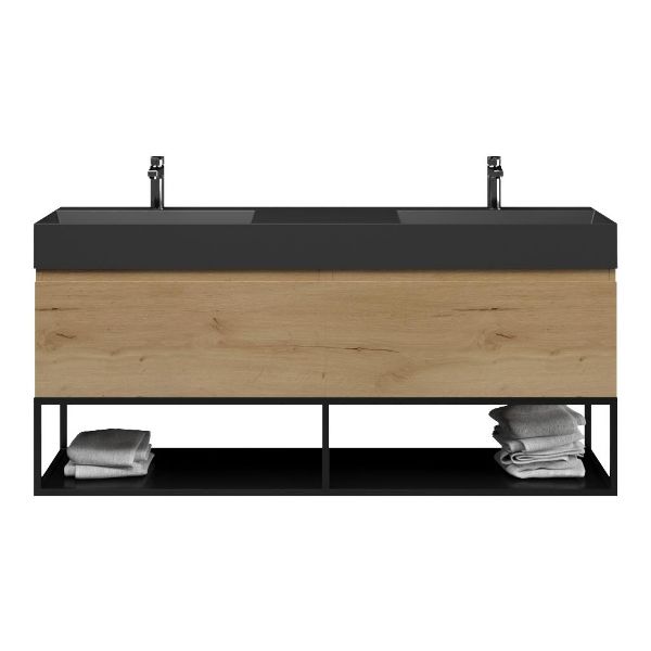 Bellanti Solo/Tela/Azzurra badmeubel 160x46 2 softclose laden eiken natuur greeploos keramiek dubbele wastafel mat zwart 2 kraangaten met mat zwart metalen frame