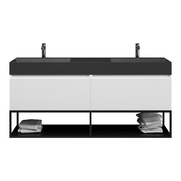 Bellanti Solo/Tela/Azzurra badmeubel 160x46 2 softclose laden hoogglans wit greeploos keramiek dubbele wastafel mat zwart met 2 kraangaten met mat zwart metalen frame