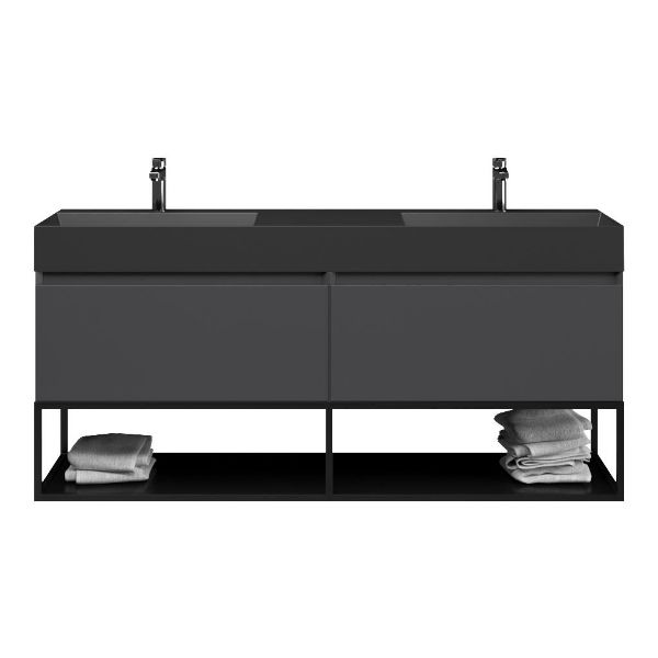 Bellanti Solo/Tela/Azzurra badmeubel 160x46 2 softclose laden mat antraciet greeploos keramiek dubbele wastafel mat zwart met 2 kraangaten met mat zwart metalen frame