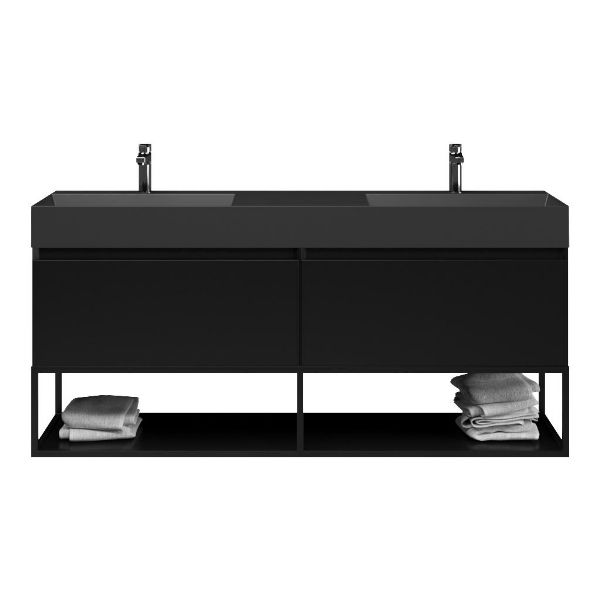 Bellanti Solo/Tela/Azzurra badmeubel 160x46 2 softclose laden mat zwart greeploos keramiek dubbele wastafel mat zwart met 2 kraangaten met mat zwart metalen frame