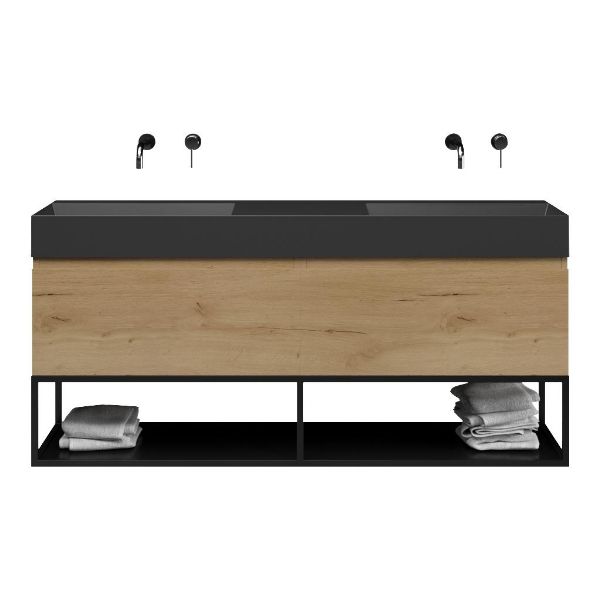 Bellanti Solo/Tela/Azzurra badmeubel 160x46 2 softclose laden eiken natuur greeploos keramiek dubbele wastafel mat zwart zonder kraangaten met mat zwart metalen frame