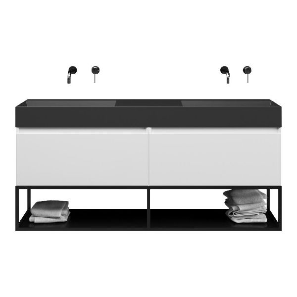 Bellanti Solo/Tela/Azzurra badmeubel 160x46 2 softclose laden hoogglans wit greeploos keramiek dubbele wastafel mat zwart zonder kraangaten met mat zwart metalen frame
