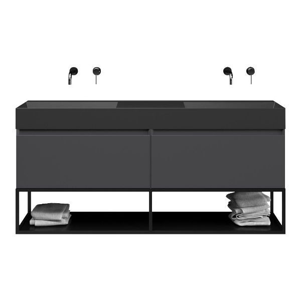 Bellanti Solo/Tela/Azzurra badmeubel 160x46 2 softclose laden mat antraciet greeploos keramiek dubbele wastafel mat zwart zonder kraangaten met mat zwart metalen frame