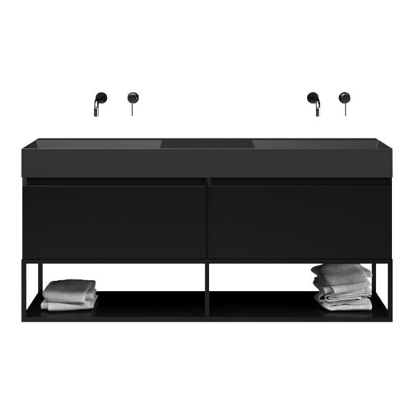 Bellanti Solo/Tela/Azzurra badmeubel 160x46 2 softclose laden mat zwart greeploos keramiek dubbele wastafel mat zwart zonder kraangaten met mat zwart metalen frame
