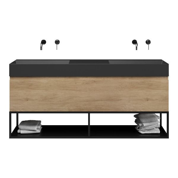 Bellanti Solo/Tela/Azzurra badmeubel 160x46 2 softclose laden olm keramiek dubbele wastafel mat zwart zonder kraangaten met mat zwart metalen frame