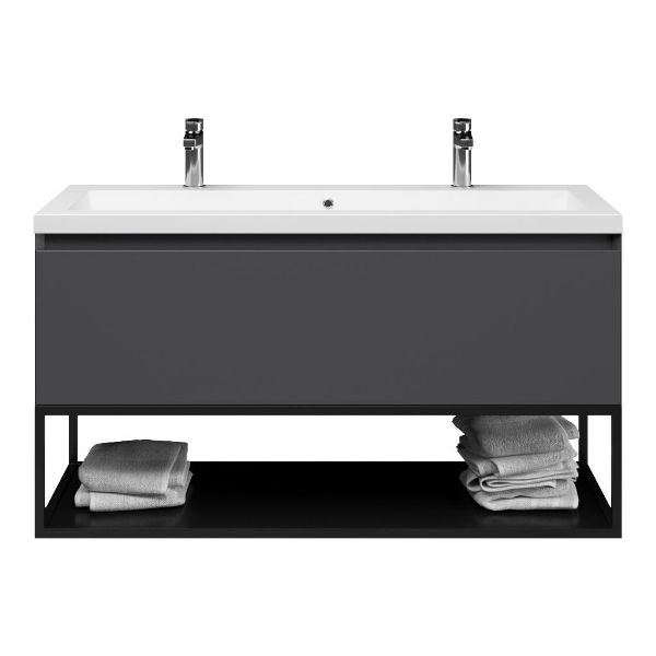 Bellanti Solo/Tela/Esta badmeubel 120x46 1 softclose lade mat antraciet greeploos polystone wastafel mat wit 2 kraangaten met mat zwart metalen frame