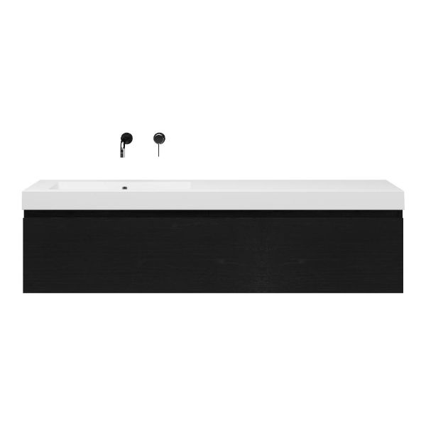 Bellanti Solo/Esta badmeubel 160x46 2 softclose laden mat zwart eiken greeploos polystone enkele wastafel links wit zonder kraangat