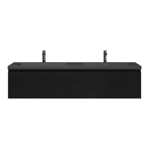 Bellanti Solo/Esta badmeubel 160x46 2 softclose laden mat zwart eiken greeploos polystone dubbele wastafel mat grijs 2 kraangaten