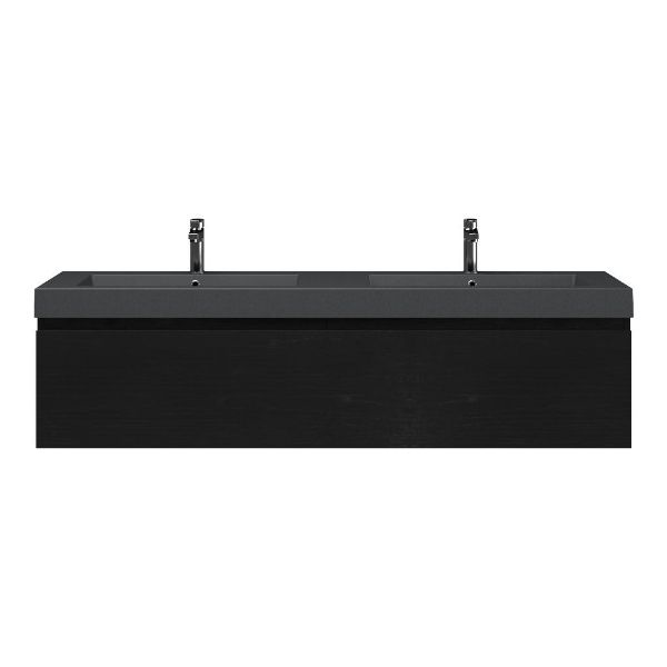 Bellanti Solo/Esta badmeubel 160x46 2 softclose laden mat zwart eiken greeploos polystone dubbele wastafel mat grijs 2 kraangaten