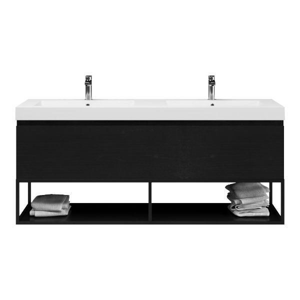 Bellanti Solo/Tela/Esta badmeubel 160x46 2 softclose laden mat zwart eiken greeploos polystone dubbele wastafel wit 2 kraangaten met mat zwart metalen frame