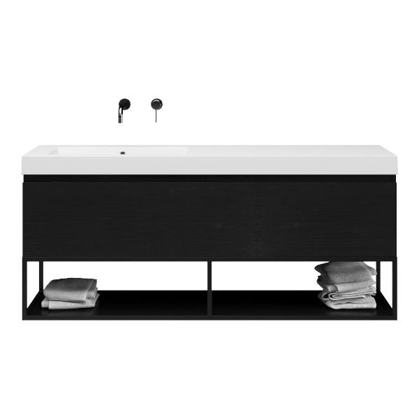 Bellanti Solo/Tela/Esta badmeubel 160x46 2 softclose laden mat zwart eiken greeploos polystone enkele wastafel links wit zonder kraangat met mat zwart metalen frame