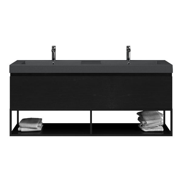Bellanti Solo/Tela/Esta badmeubel 160x46 2 softclose laden mat zwart eiken greeploos polystone dubbele wastafel mat grijs 2 kraangaten met mat zwart metalen frame
