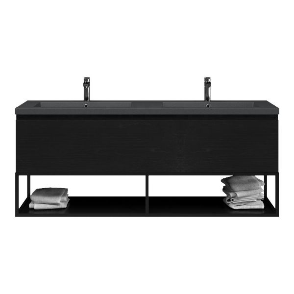 Bellanti Solo/Tela/Esta badmeubel 160x46 2 softclose laden mat zwart eiken greeploos polystone dubbele wastafel mat grijs 2 kraangaten met mat zwart metalen frame