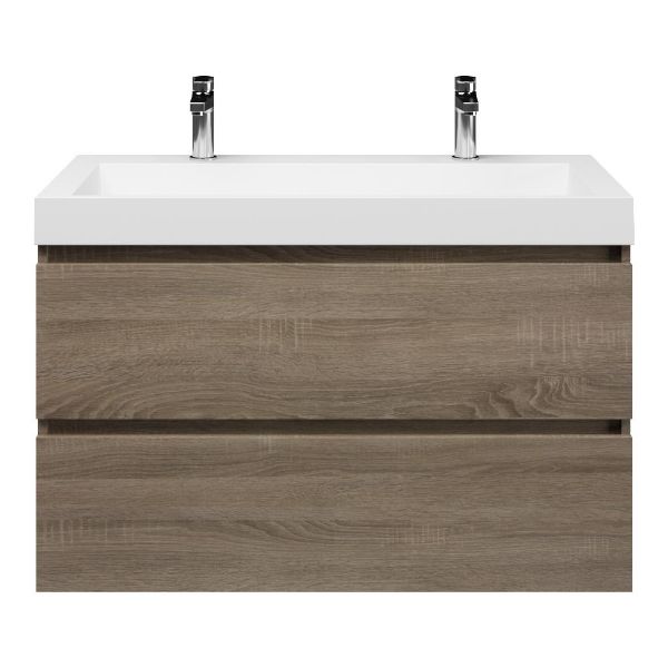 Bellanti Elena/Renzo badmeubel 100x46 2 softclose laden eiken donker greeploos polystone wastafel wit met 2 kraangaten