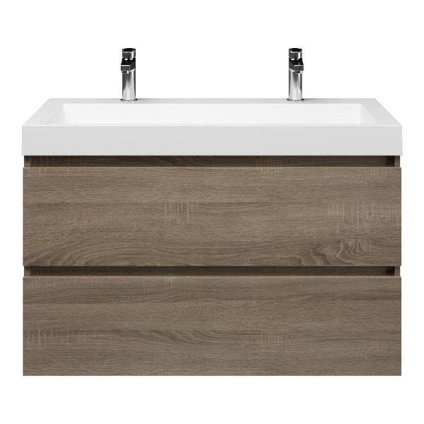 Bellanti Elena/Renzo badmeubel 100x46 2 softclose laden eiken donker greeploos polystone wastafel mat wit met 2 kraangaten