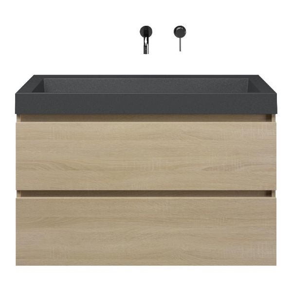 Bellanti Elena/Renzo badmeubel 100x46 2 softclose laden eiken licht greeploos polystone wastafel mat grijs zonder kraangaten