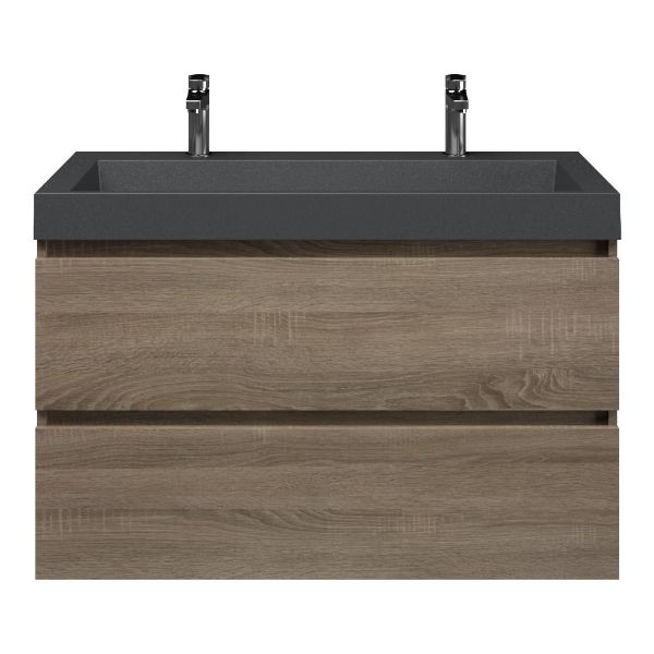 Bellanti Elena/Renzo badmeubel 100x46 2 softclose laden eiken donker greeploos polystone wastafel mat grijs met 2 kraangaten