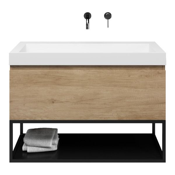 Bellanti Solo/Tela/Renzo badmeubel 100x46 1 softclose lade olm greeploos polystone wastafel wit zonder kraangaten met mat zwart metalen frame