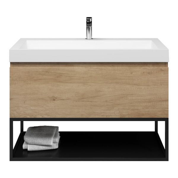 Bellanti Solo/Tela/Renzo-q badmeubel 100x46 1 softclose lade olm greeploos quartz wastafel mat wit met 1 kraangat met mat zwart metalen frame
