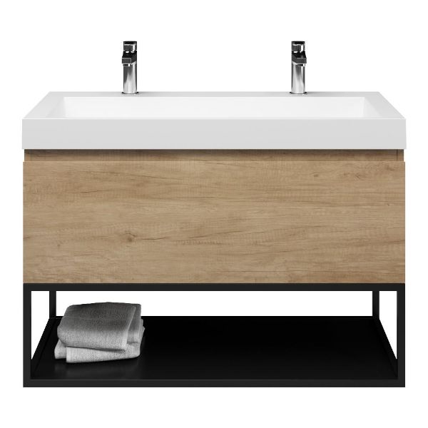 Bellanti Solo/Tela/Renzo badmeubel 100x46 1 softclose lade olm greeploos polystone wastafel mat wit met 2 kraangaten met mat zwart metalen frame