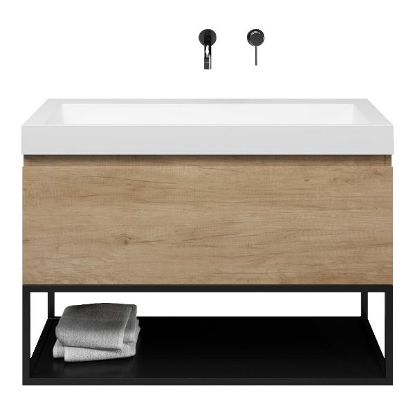 Bellanti Solo/Tela/Renzo badmeubel 100x46 1 softclose lade olm greeploos polystone wastafel mat wit zonder kraangaten met mat zwart metalen frame
