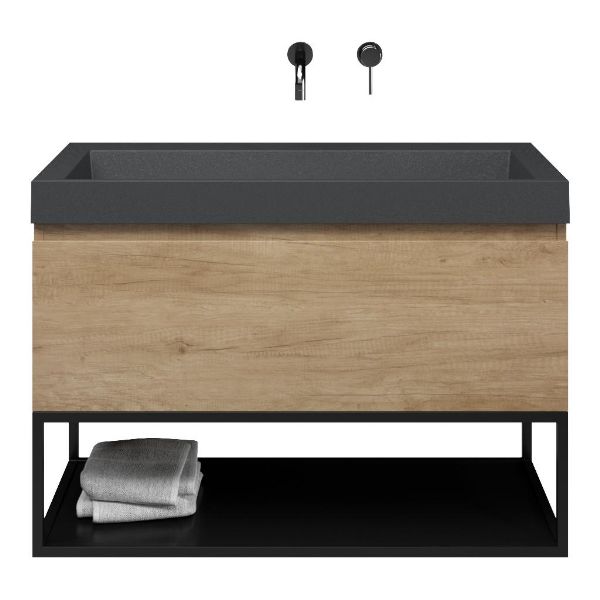 Bellanti Solo/Tela/Renzo badmeubel 100x46 1 softclose lade olm greeploos polystone wastafel mat grijs zonder kraangaten met mat zwart metalen frame