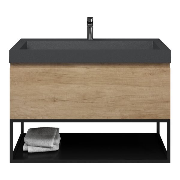 Bellanti Solo/Tela/Renzo badmeubel 100x46 1 softclose lade olm greeploos polystone wastafel mat grijs met 1 kraangat met mat zwart metalen frame