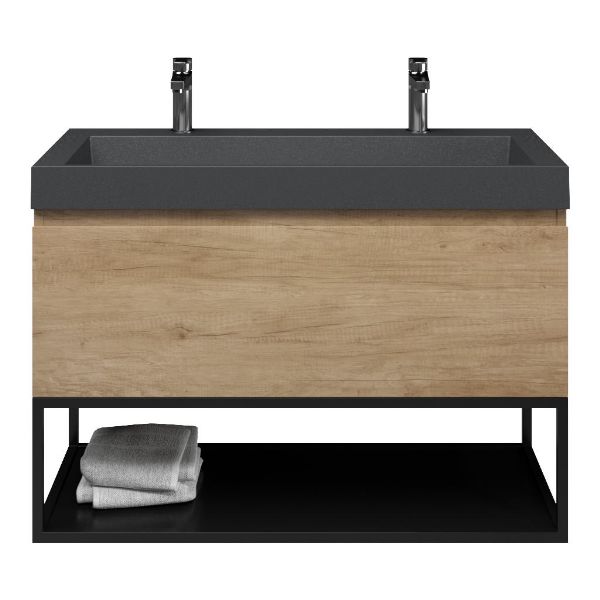 Bellanti Solo/Tela/Renzo badmeubel 100x46 1 softclose lade olm greeploos polystone wastafel mat grijs met 2 kraangaten met mat zwart metalen frame