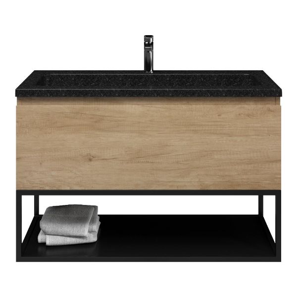 Bellanti Solo/Tela/Square badmeubel 100x46 1 softclose lade olm greeploos natuursteen wastafel shanxi black met 1 kraangat met mat zwart metalen frame
