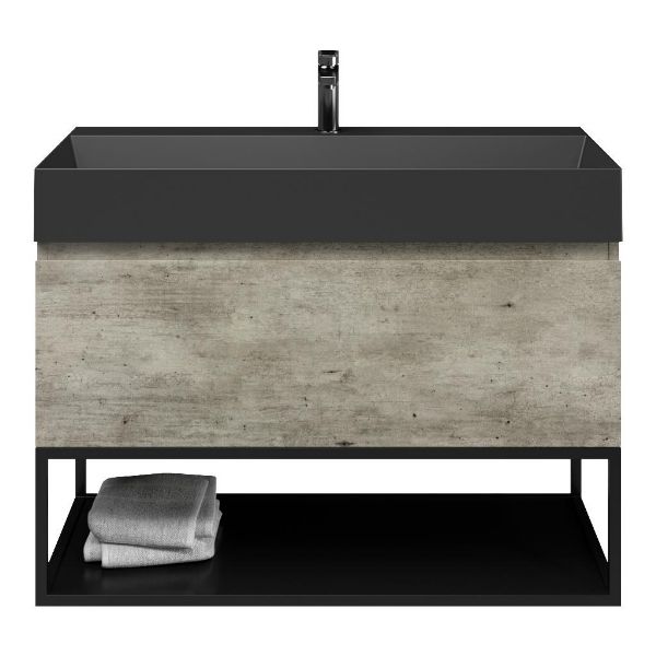 Bellanti Solo/Tela/Azzurra badmeubel 100x46 1 softclose lade steigerhout look grijs greeploos keramische wastafel zwart mat met 1 kraangat met mat zwart metalen frame