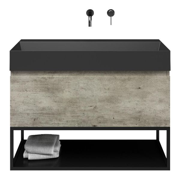 Bellanti Solo/Tela/Azzurra badmeubel 100x46 1 softclose lade steigerhout look grijs greeploos keramische wastafel zwart mat zonder kraangaten met mat zwart metalen frame