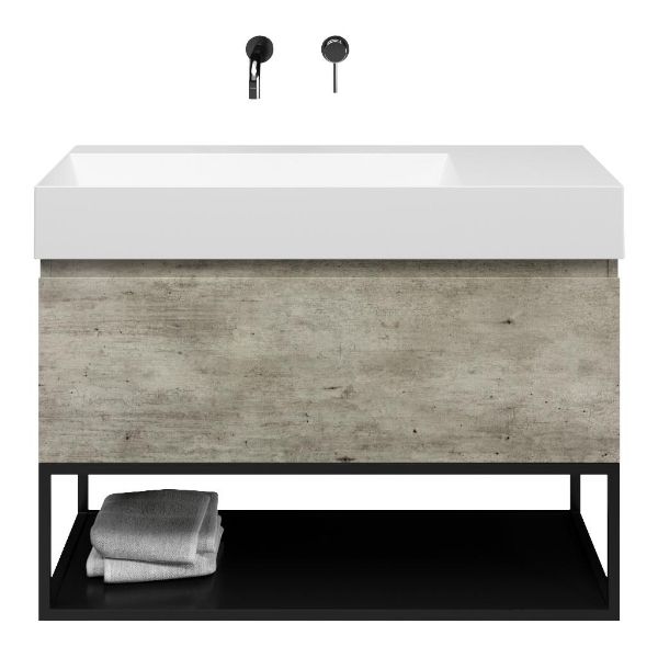 Bellanti Solo/Tela/Azzurra badmeubel 100x46 1 softclose lade steigerhout look grijs greeploos keramische wastafel links wit mat zonder kraangaten met mat zwart metalen frame