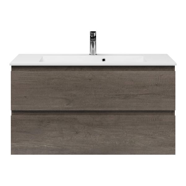 Bellanti Secca/Compact ondiep badmeubel 100x36 2 softclose laden olm donker grijs greeploos keramische wastafel wit met 1 kraangat