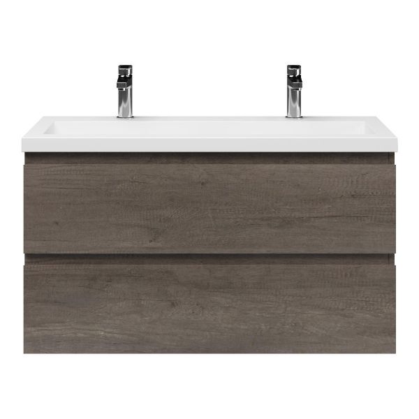 Bellanti Secca/Esta ondiep badmeubel 100x36 2 softclose laden olm donker grijs greeploos polystone wastafel wit met 2 kraangaten