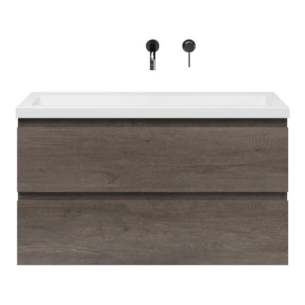 Bellanti Secca/Esta ondiep badmeubel 100x36 2 softclose laden olm donker grijs greeploos polystone wastafel wit zonder kraangaten