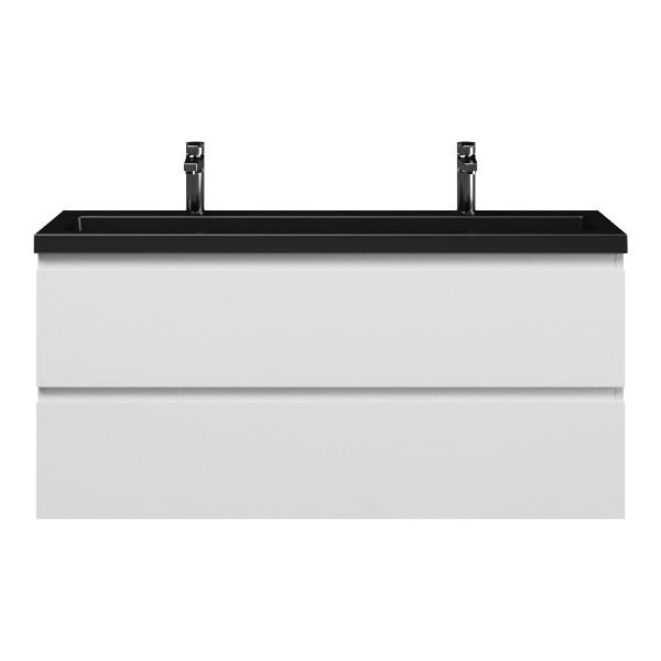 Bellanti Secca/Esta ondiep badmeubel 120x36 2 softclose laden hoogglans wit greeploos polystone wastafel mat zwart met 2 kraangaten