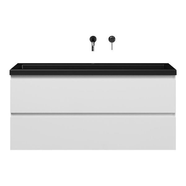 Bellanti Secca/Esta ondiep badmeubel 120x36 2 softclose laden hoogglans wit greeploos polystone wastafel mat zwart zonder kraangaten