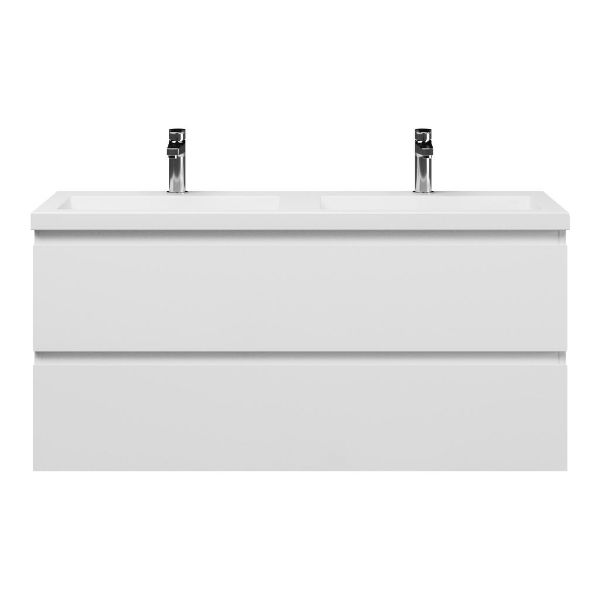 Bellanti Secca/Esta ondiep badmeubel 120x36 2 softclose laden wit hoogglans greeploos polystone wastafel dubbel wit met 2 kraangaten