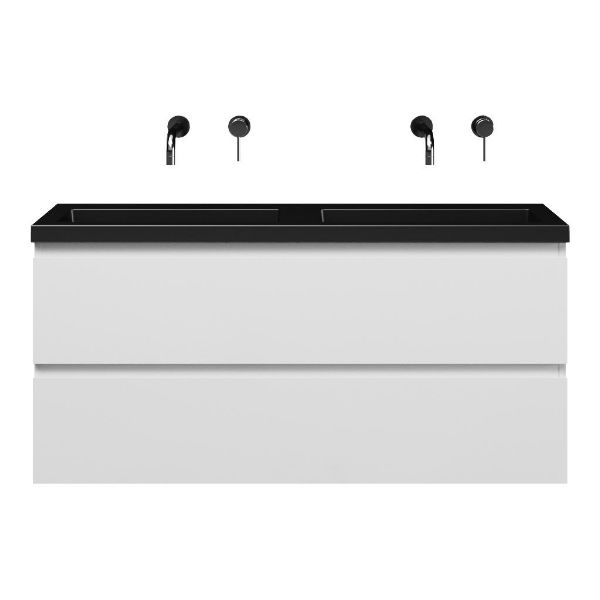 Bellanti Secca/Esta ondiep badmeubel 120x36 2 softclose laden hoogglans wit greeploos polystone wastafel dubbel mat zwart zonder kraangaten