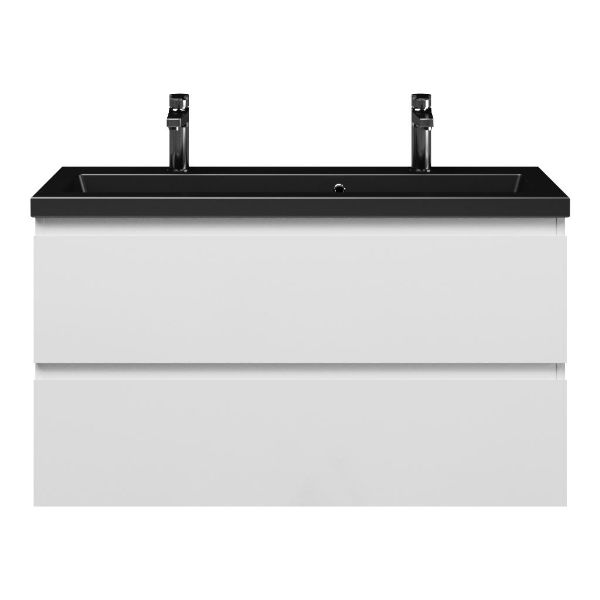 Bellanti Secca/Amelia ondiep badmeubel 100x36 2 softclose laden wit hoogglans greeploos keramische wastafel mat zwart met 2 kraangaten