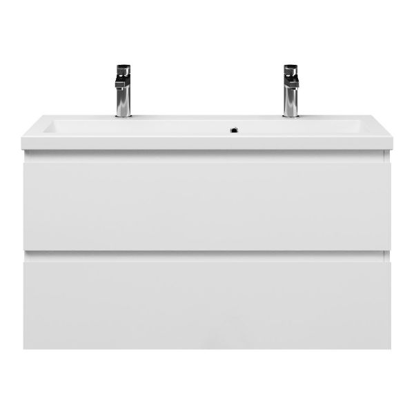 Bellanti Secca/Amelia ondiep badmeubel 100x36 2 softclose laden wit hoogglans greeploos keramische wastafel wit met 2 kraangaten