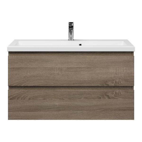 Bellanti Secca/Amelia ondiep badmeubel 100x36 2 softclose laden donker eiken greeploos keramische wastafel mat wit met 1 kraangat