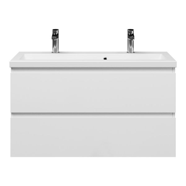 Bellanti Secca/Amelia ondiep badmeubel 100x36 2 softclose laden wit hoogglans greeploos keramische wastafel mat wit met 2 kraangaten
