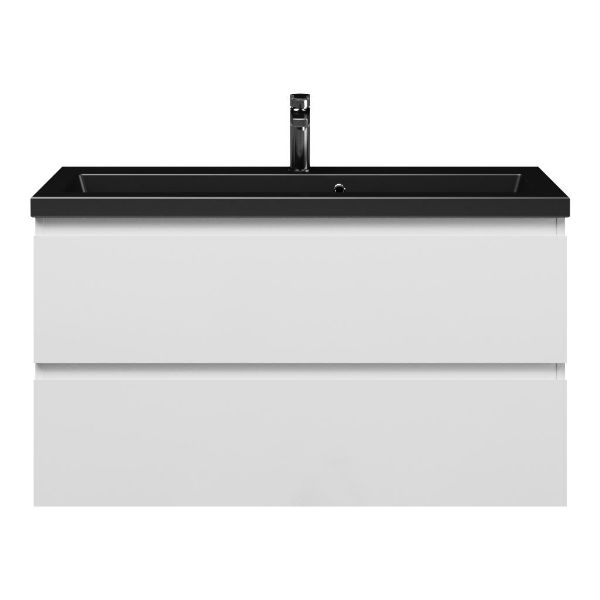 Bellanti Secca/Amelia ondiep badmeubel 100x36 2 softclose laden wit hoogglans greeploos keramische wastafel mat zwart met 1 kraangaten