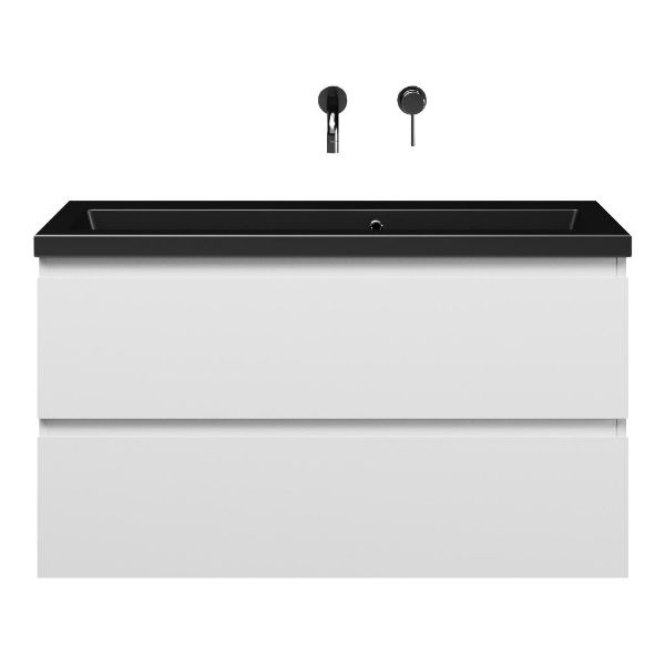 Bellanti Secca/Amelia ondiep badmeubel 100x36 2 softclose laden wit mat greeploos keramische wastafel mat zwart zonder kraangaten