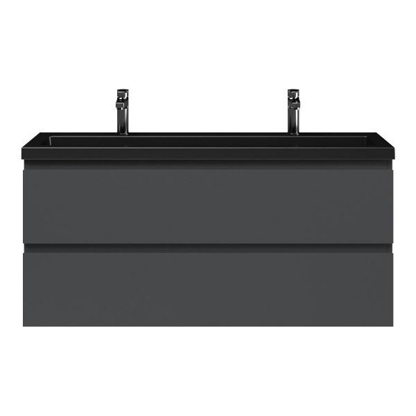 Bellanti Secca/Esta ondiep badmeubel 120x36 2 softclose laden mat antraciet greeploos polystone wastafel mat zwart met 2 kraangaten
