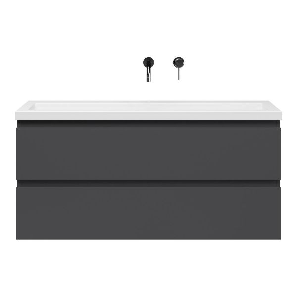 Bellanti Secca/Esta ondiep badmeubel 120x36 2 softclose laden mat antraciet greeploos polystone wastafel wit zonder kraangaten